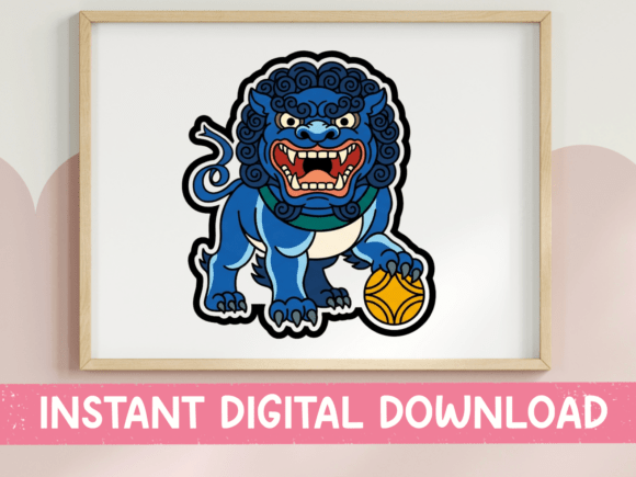 Blue Foo Dog Guardian Lion Sticker: Bold Cultural Art for Modern Design