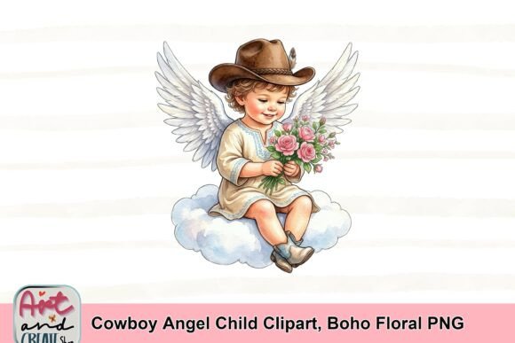 Cowboy Angel Child Clipart: A Boho Floral PNG for Whimsical Design